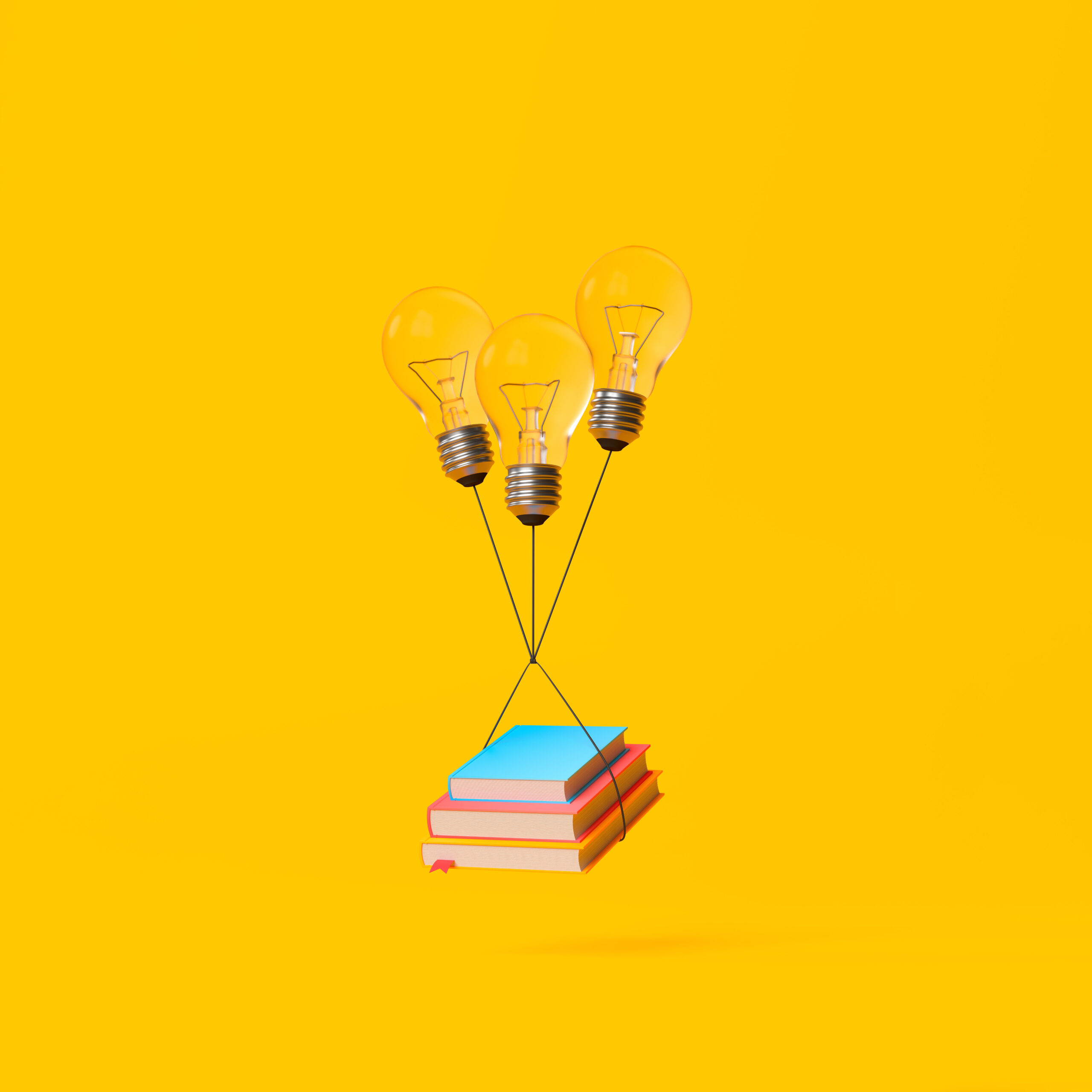 Books with bulb lamps flying on a yellow background. Education concept. 3d render illustration